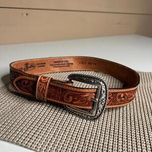 Justin Leather Western Belt w/ Ariat Buckle Floral Tooled Made in USA
